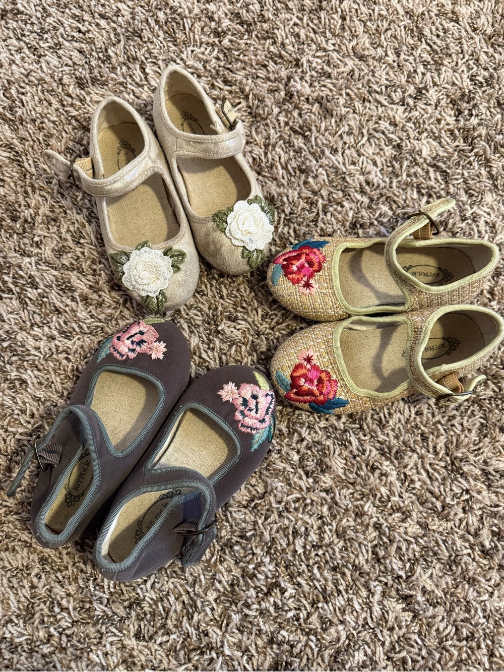 Joyfolie Girls Embroidered Floral Mary Janes in Beige, Brown, and Tan